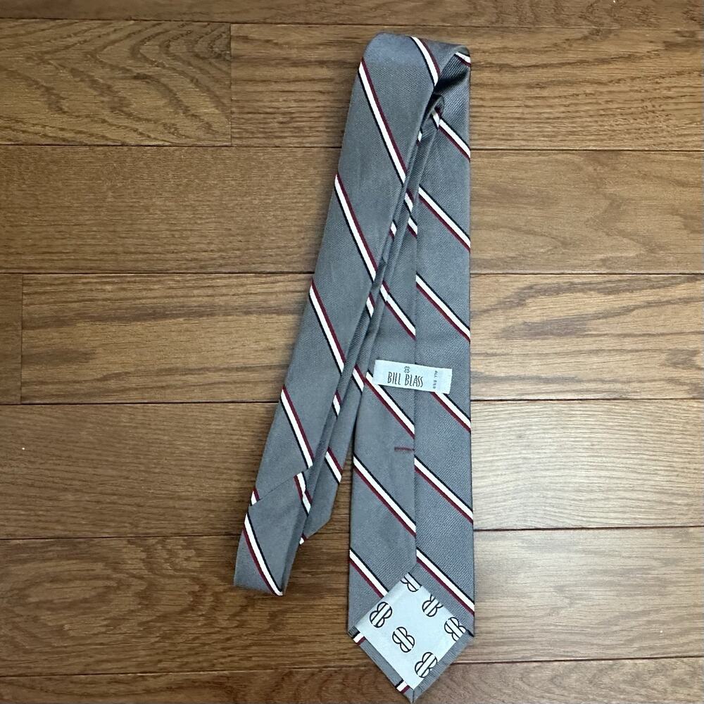 Men's Vintage Bill Bass Necktie Grey‎ With Red/white/Blue Stripes
